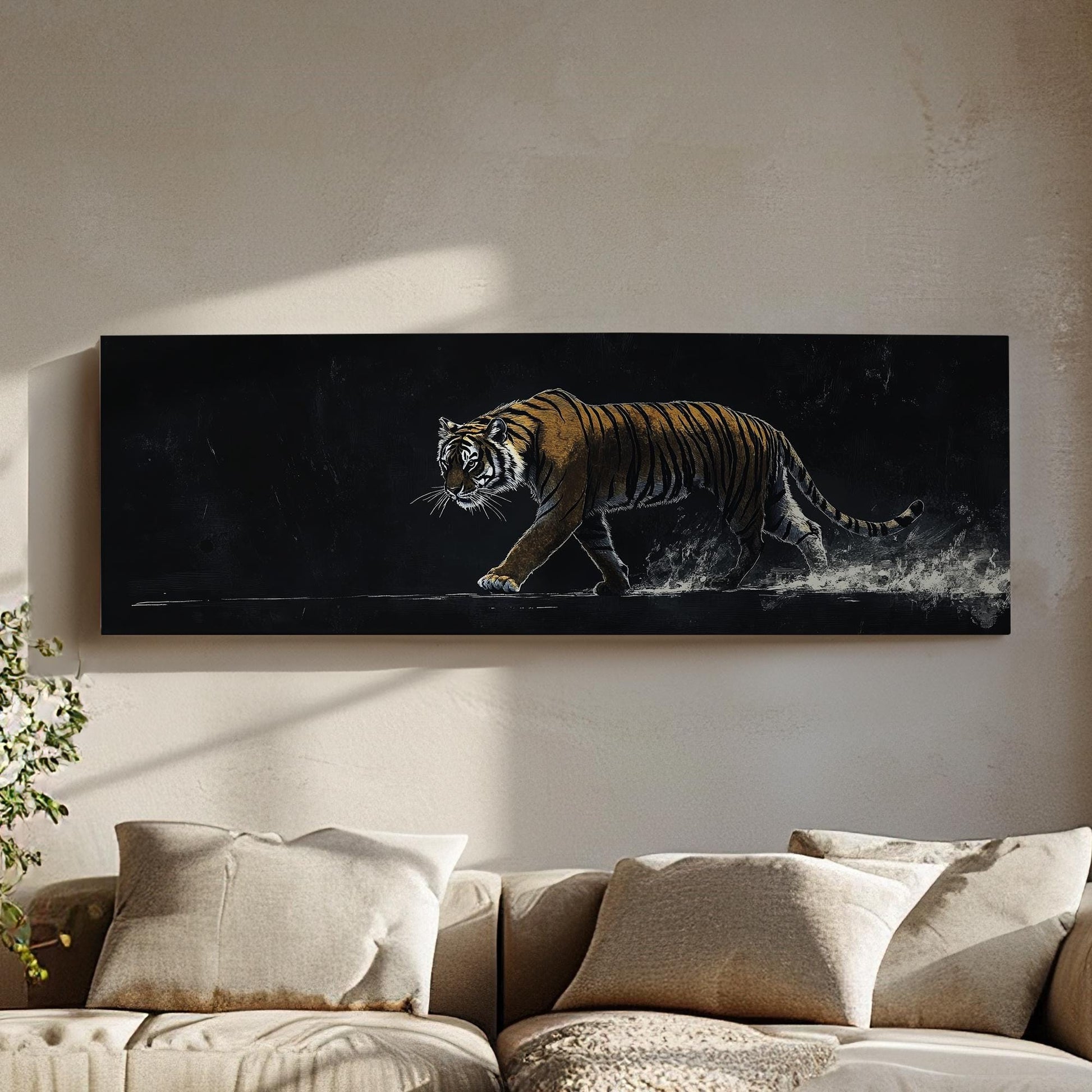 Striking Bengal Tiger Canvas Art | Scratchboard Print | Bohemian Wall Art For Living Room | Obsidian Amber Art Panoramic Wall Art