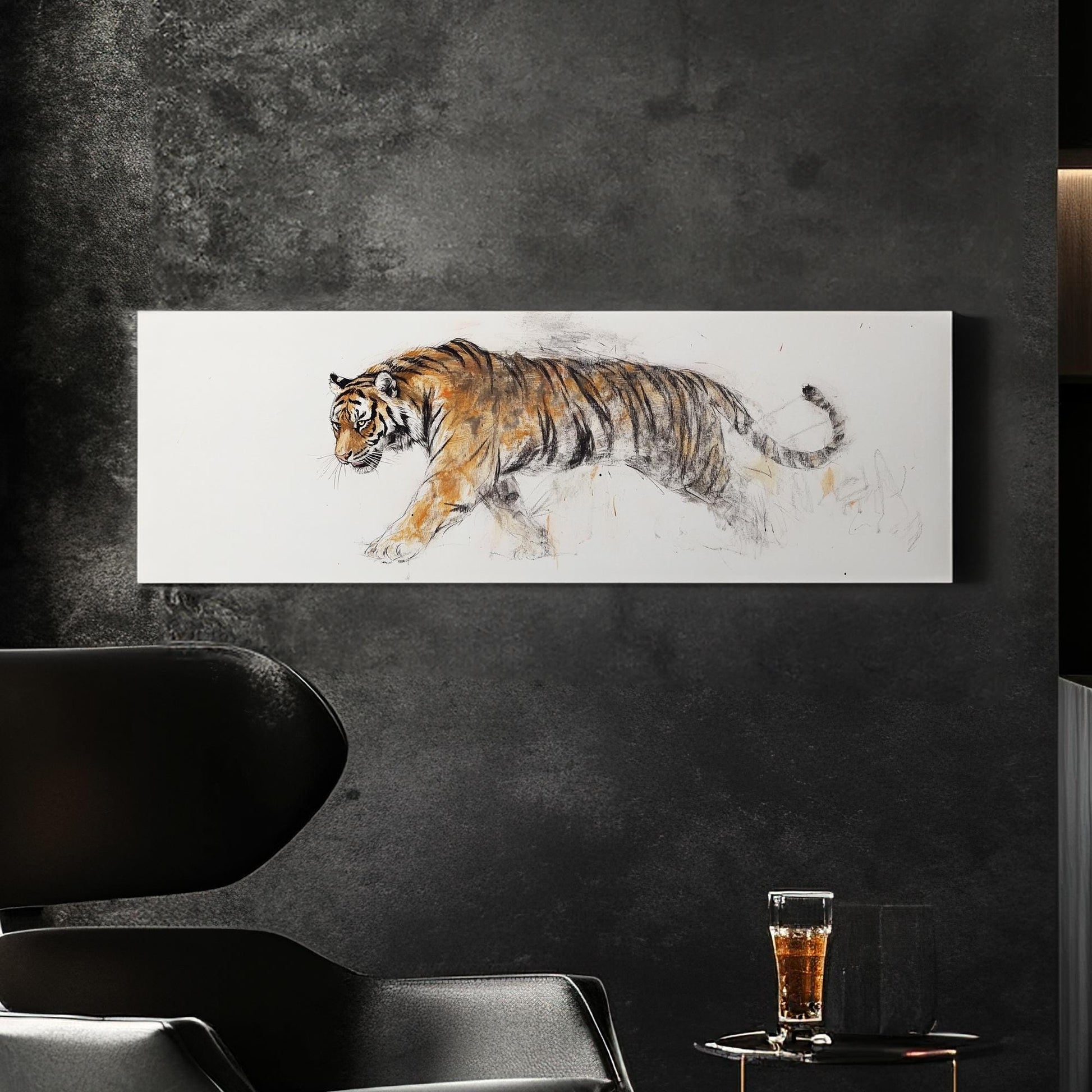 Striking Bengal Tiger Canvas Art | Charcoal Sepia Sketch Print | Bohemian Maximalist Wall Art For Living Room Panoramic Wall Art