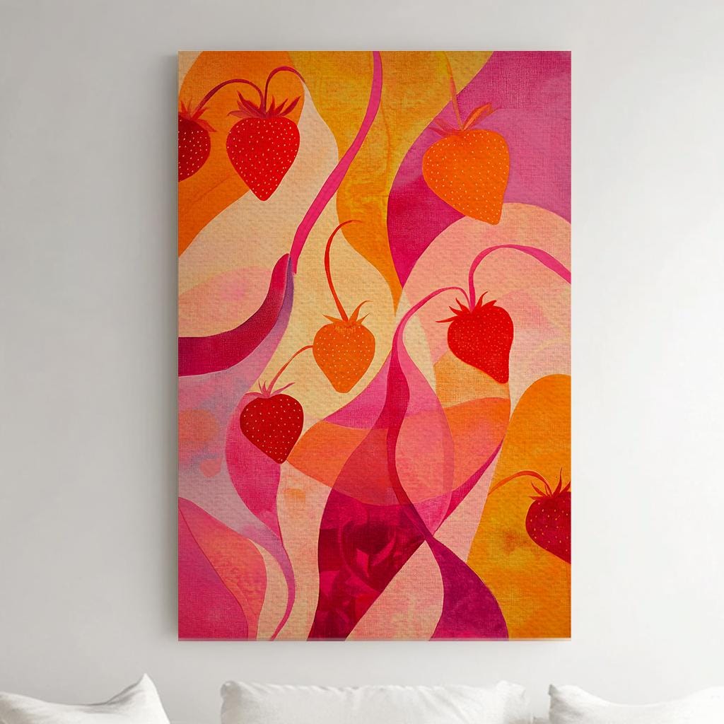 Strawberry Fields Forever Canvas Art | Abstract Expressionist Print | Biophilic Wall Art For Living Room | Sunset Blush Art Vertical Canvas
