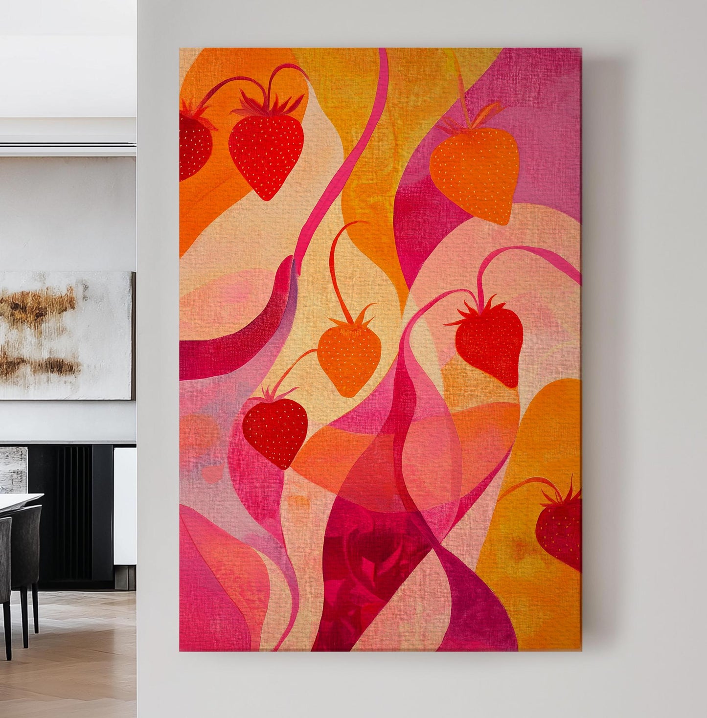Strawberry Fields Forever Canvas Art | Abstract Expressionist Print | Biophilic Wall Art For Living Room | Sunset Blush Art Vertical Canvas