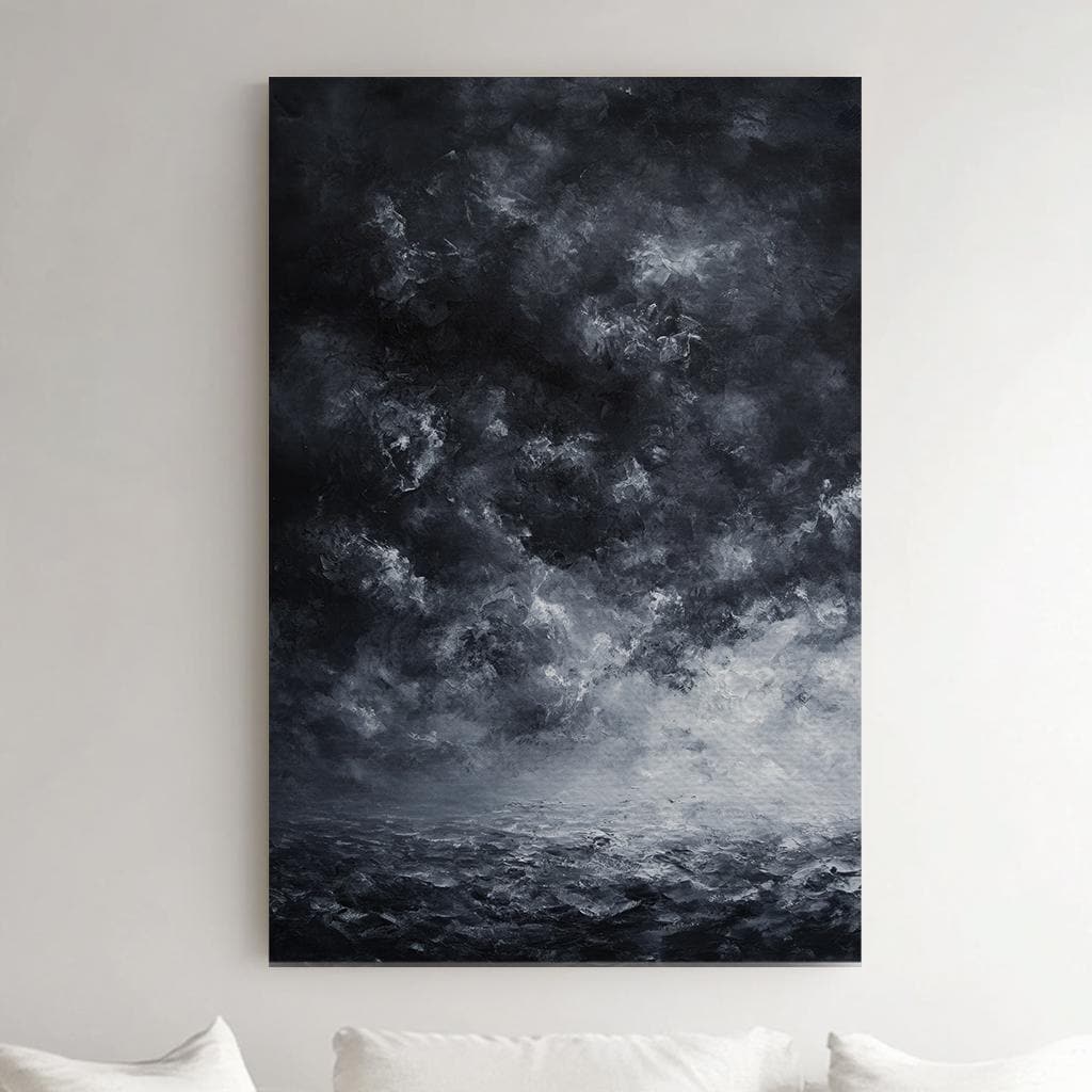 Stormy Seascape Canvas Art | Impasto Textural Print | Coastal Modern Wall Art For Living Room | Charcoal Gray Art Vertical Canvas
