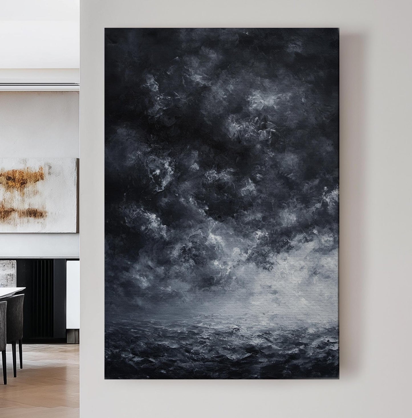 Stormy Seascape Canvas Art | Impasto Textural Print | Coastal Modern Wall Art For Living Room | Charcoal Gray Art Vertical Canvas