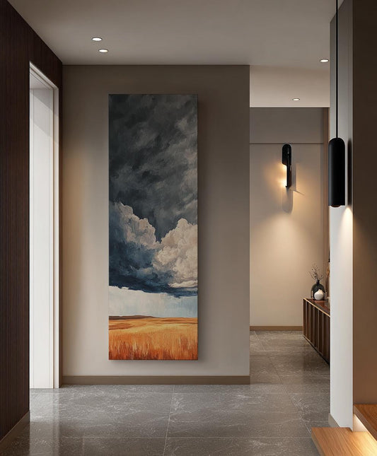 Stormy Plains Canvas Art | Impasto Impressionism Print | Japandi Wall Art For Living Room | Warm Sienna Art Long Vertical Art