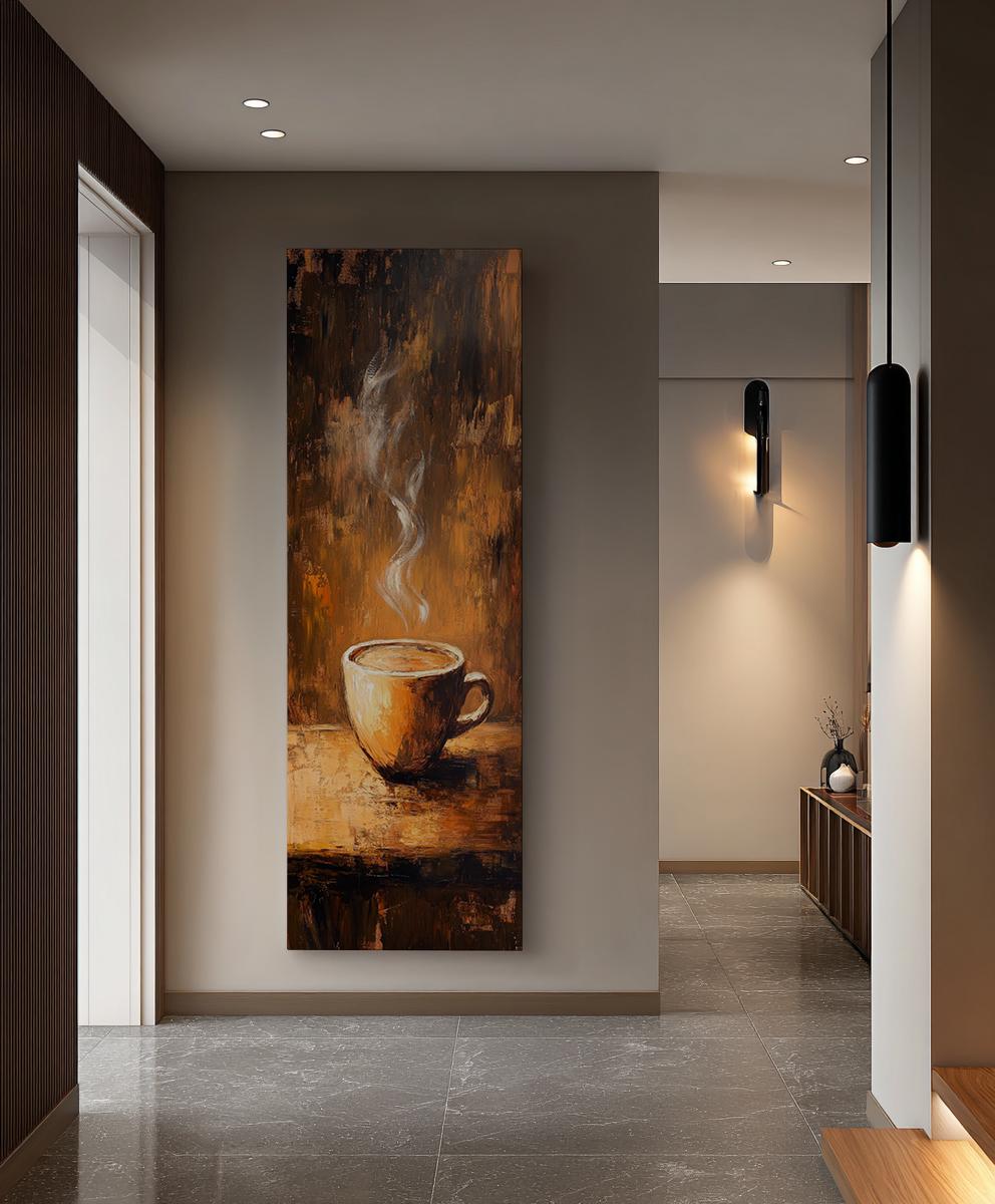 Steaming Coffee Mug Canvas Art | Impasto Painting Print | Bohemian Wall Art For Living Room | Burnt Sienna Art Long Vertical Art