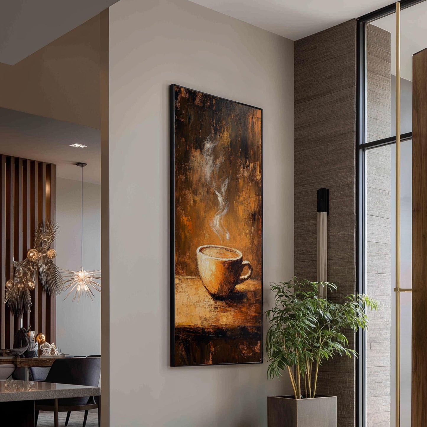 Steaming Coffee Mug Canvas Art | Impasto Painting Print | Bohemian Wall Art For Living Room | Burnt Sienna Art Long Vertical Art