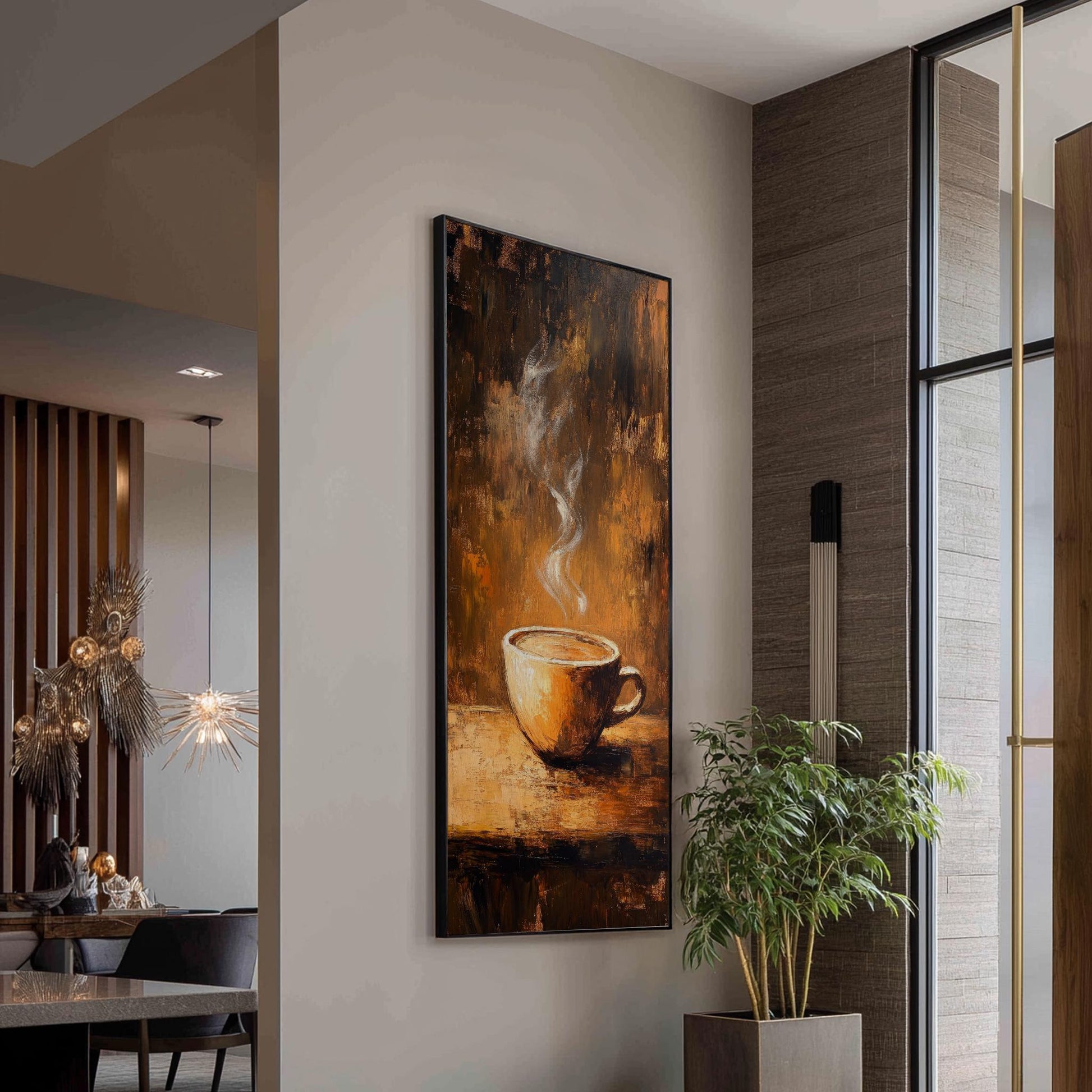 Steaming Coffee Mug Canvas Art | Impasto Painting Print | Bohemian Wall Art For Living Room | Burnt Sienna Art Long Vertical Art