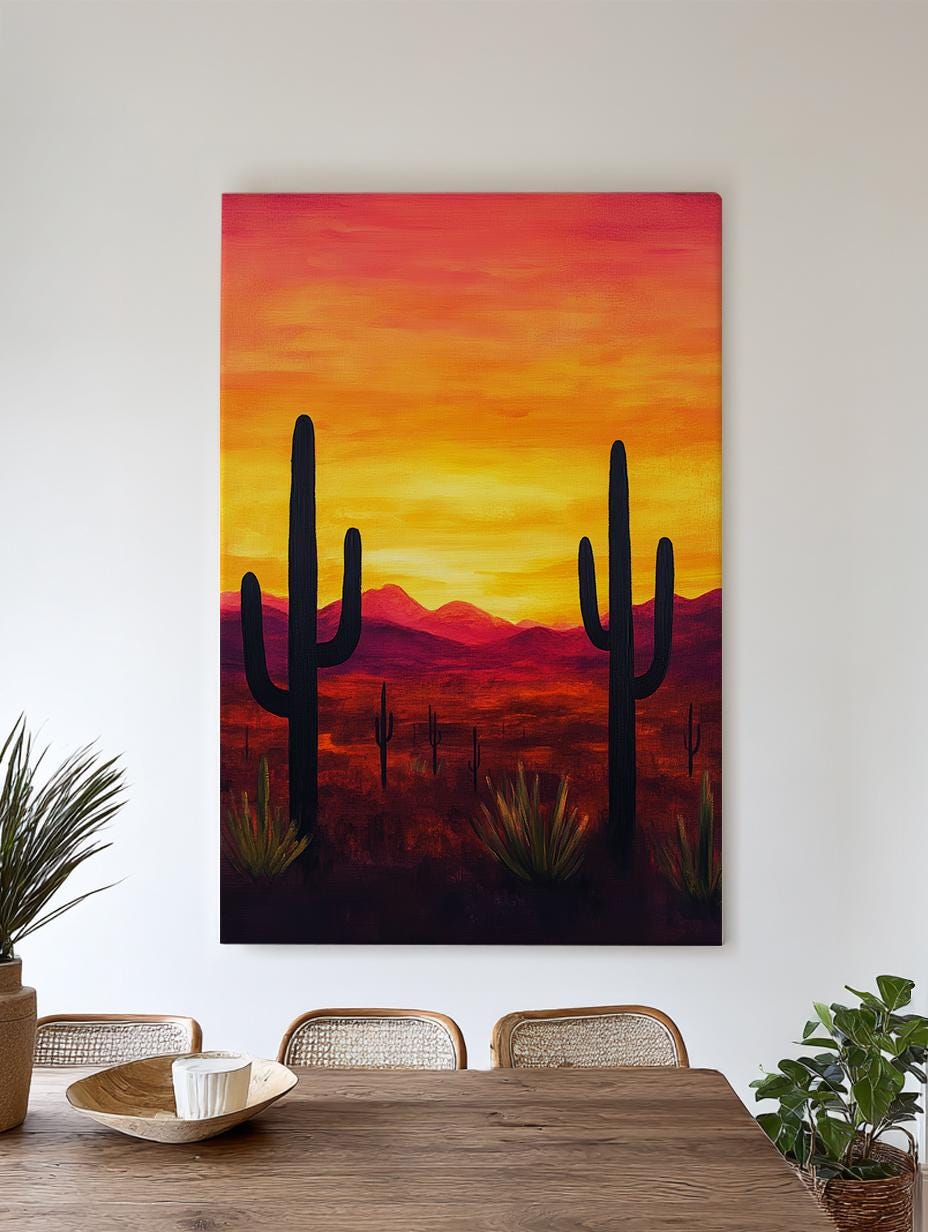 Sonoran Sunset Canvas Art | Impasto Print | Mid Century Modern Wall Art For Living Room | Fiery Chroma Art Vertical Canvas