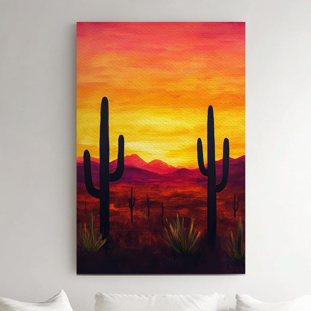 Sonoran Sunset Canvas Art | Impasto Print | Mid Century Modern Wall Art For Living Room | Fiery Chroma Art Vertical Canvas