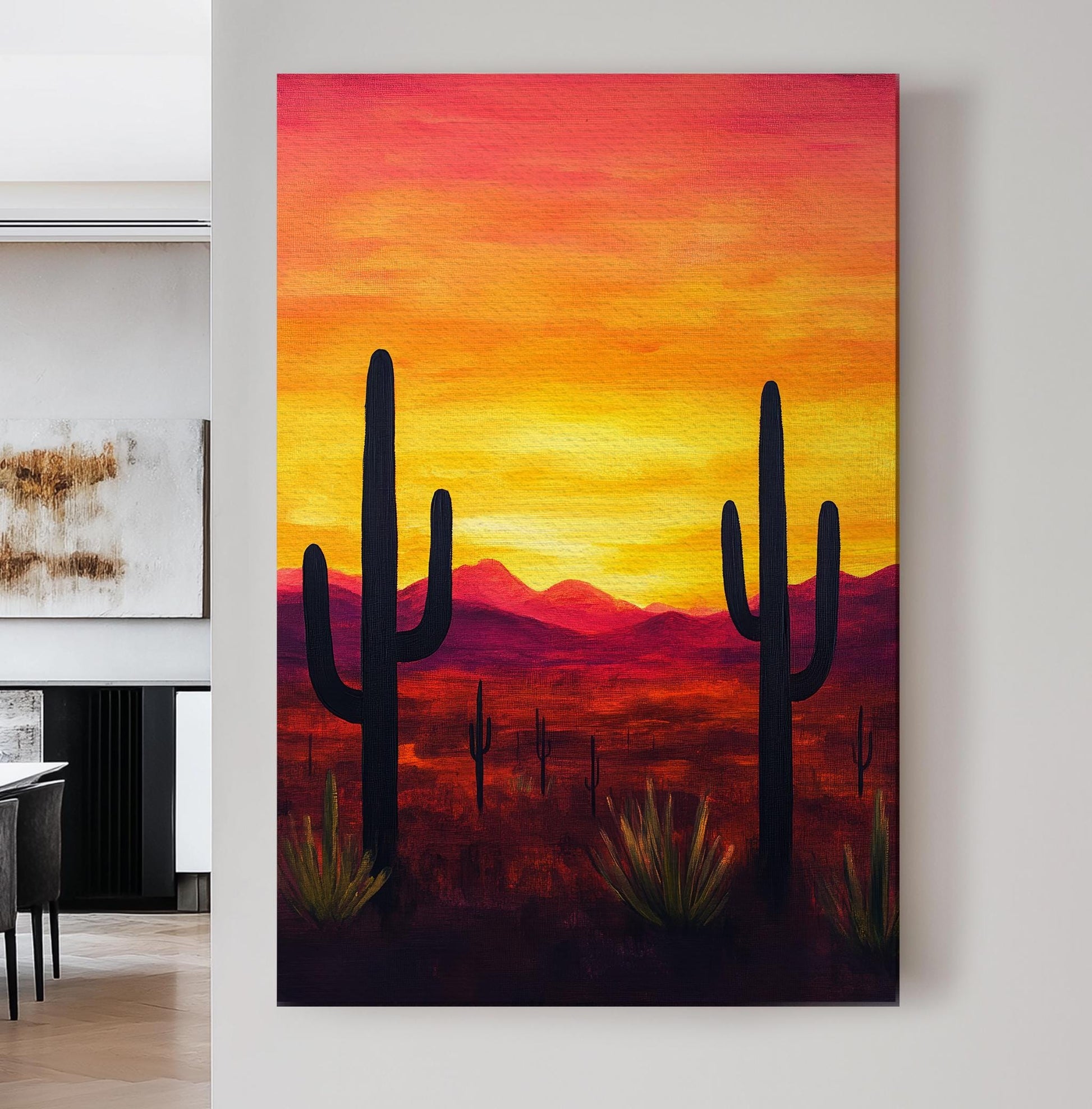 Sonoran Sunset Canvas Art | Impasto Print | Mid Century Modern Wall Art For Living Room | Fiery Chroma Art Vertical Canvas