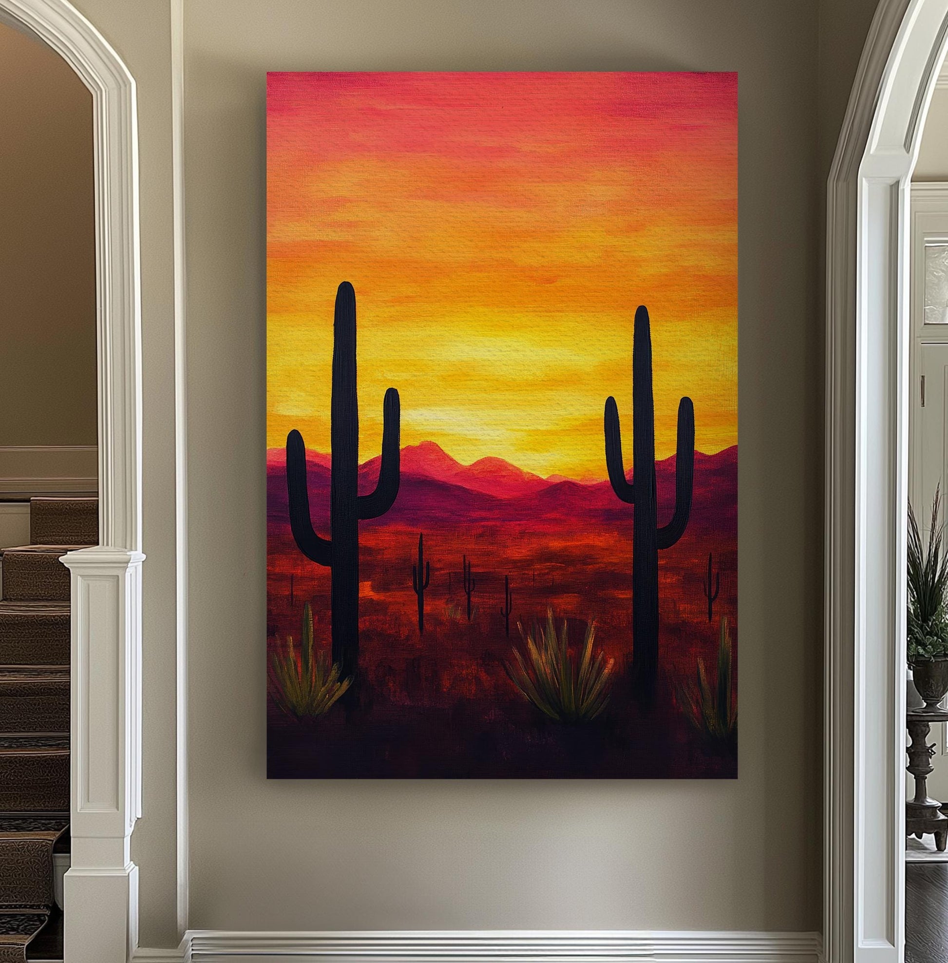 Sonoran Sunset Canvas Art | Impasto Print | Mid Century Modern Wall Art For Living Room | Fiery Chroma Art Vertical Canvas