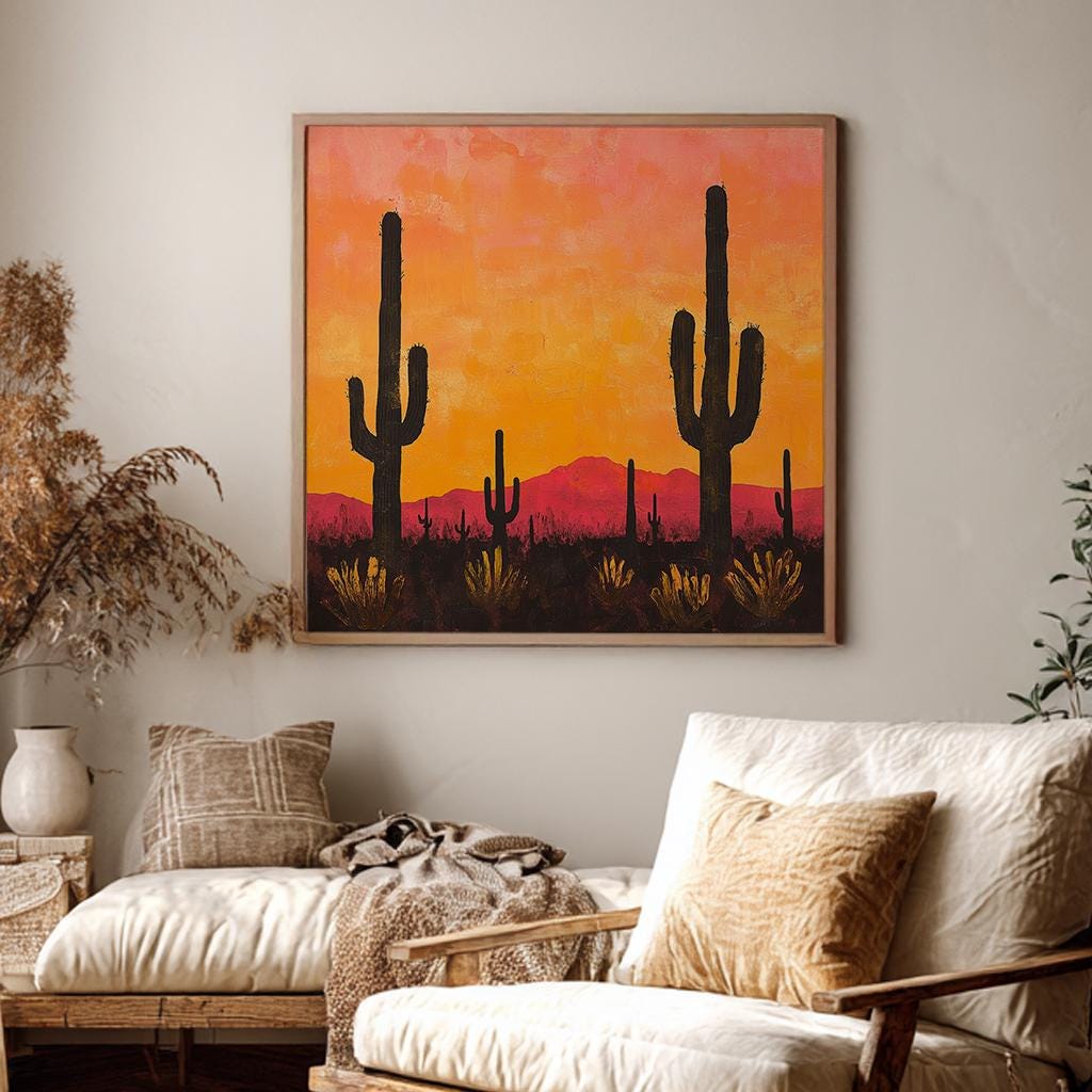 Sonoran Sunset Canvas Art | Impasto Print | Bohemian Wall Art For Living Room | Terracotta Sunset Art Square Canvas Art