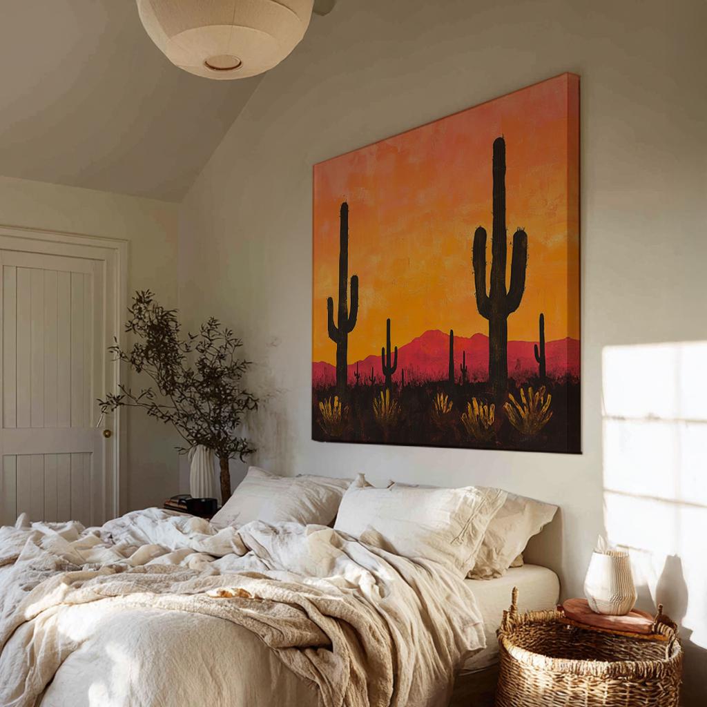 Sonoran Sunset Canvas Art | Impasto Print | Bohemian Wall Art For Living Room | Terracotta Sunset Art Square Canvas Art