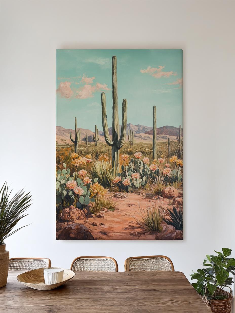Sonoran Desert Cactus | Impasto Print | Mid Century Modern Wall Art For Living Room | Apricot Blush Art | Desert Oasis Decor Vertical Canvas