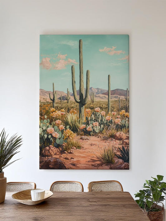 Sonoran Desert Cactus | Impasto Print | Mid Century Modern Wall Art For Living Room | Apricot Blush Art | Desert Oasis Decor Vertical Canvas