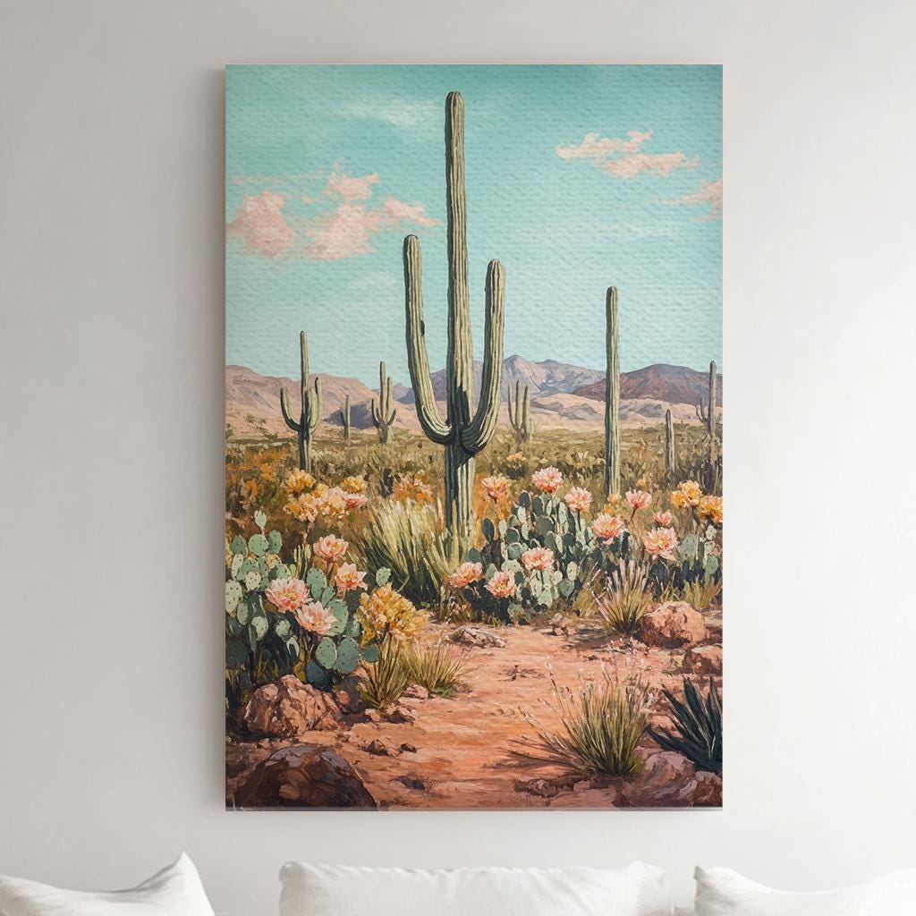 Sonoran Desert Cactus | Impasto Print | Mid Century Modern Wall Art For Living Room | Apricot Blush Art | Desert Oasis Decor Vertical Canvas