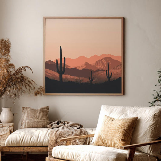 Sonoran Desert Cactus Canvas Art | Silhouette Minimalist Print | Mid Century Modern Wall Art For Living Room Square Canvas Art