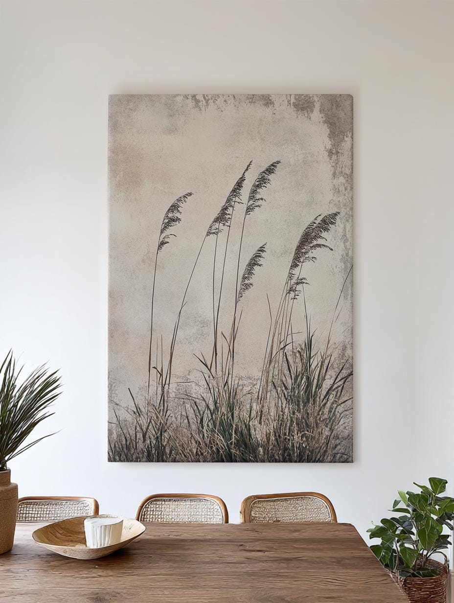 Serene Pampas Grass Canvas Art | Minimalist Botanical Line Print | Japandi Wall Art For Living Room | Greige Olive Art Vertical Canvas