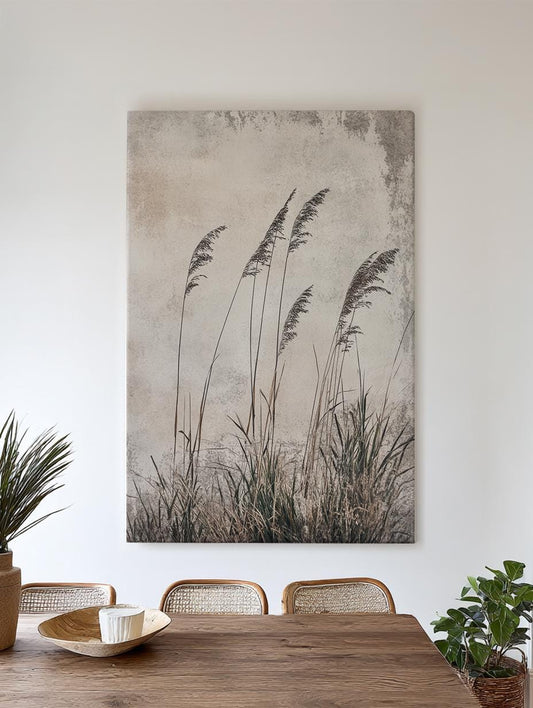 Serene Pampas Grass Canvas Art | Minimalist Botanical Line Print | Japandi Wall Art For Living Room | Greige Olive Art Vertical Canvas