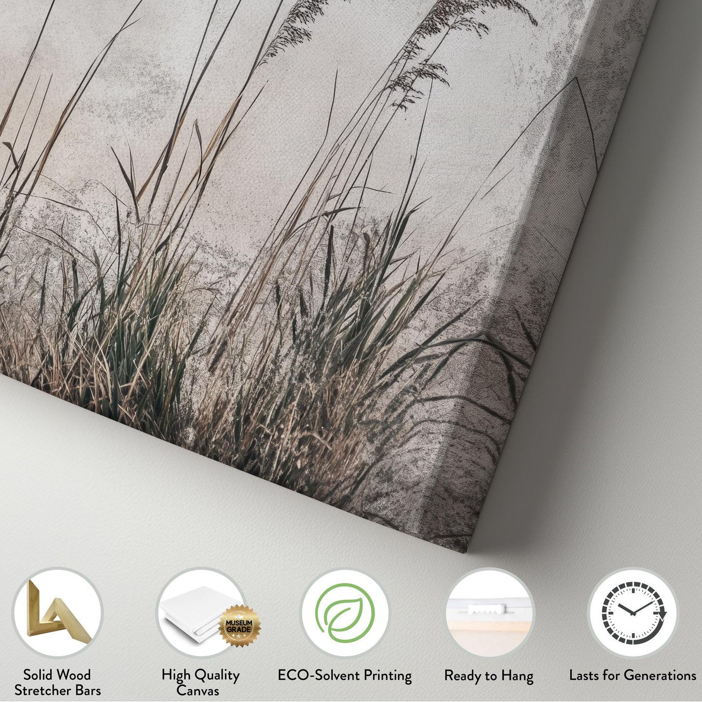 Serene Pampas Grass Canvas Art | Minimalist Botanical Line Print | Japandi Wall Art For Living Room | Greige Olive Art Vertical Canvas
