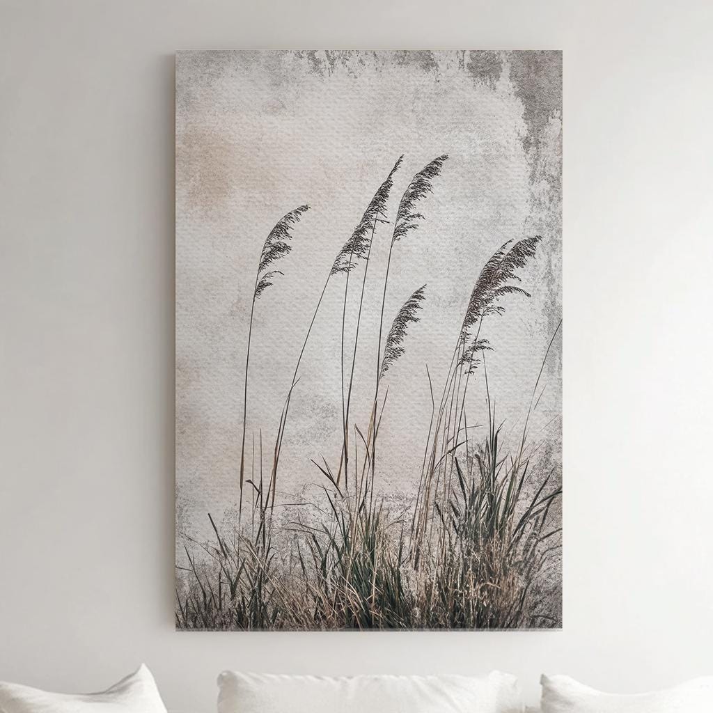 Serene Pampas Grass Canvas Art | Minimalist Botanical Line Print | Japandi Wall Art For Living Room | Greige Olive Art Vertical Canvas