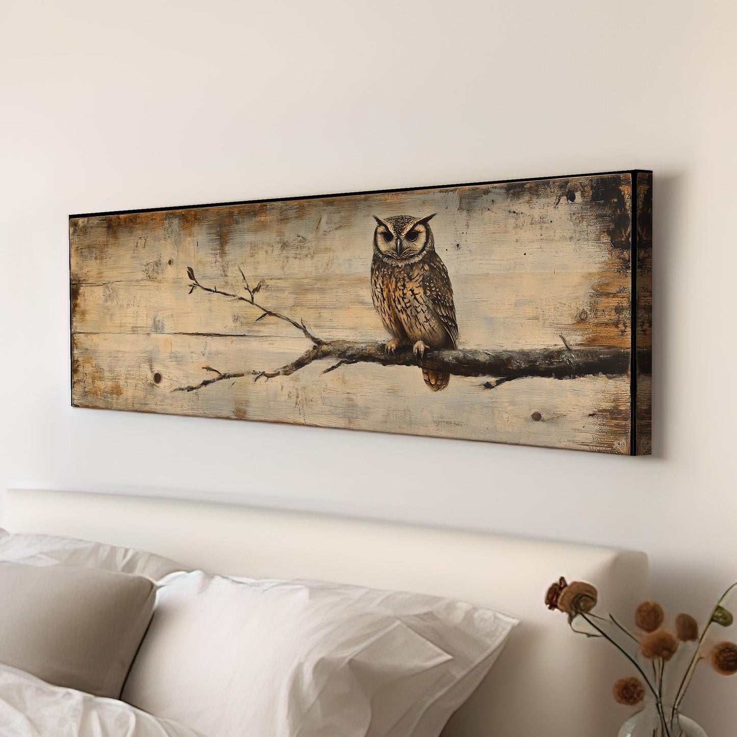 Serene Owl Canvas Art | Impasto Wood Grain Print | Bohemian Wall Art For Living Room | Sandstone Driftwood Art Panoramic Wall Art