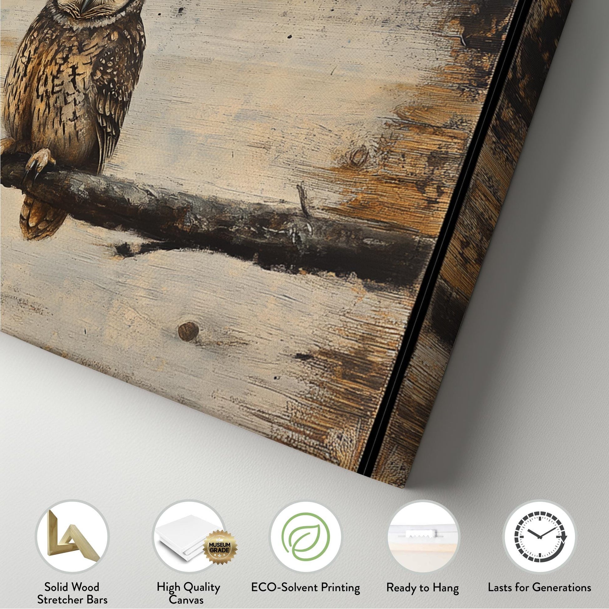 Serene Owl Canvas Art | Impasto Wood Grain Print | Bohemian Wall Art For Living Room | Sandstone Driftwood Art Panoramic Wall Art