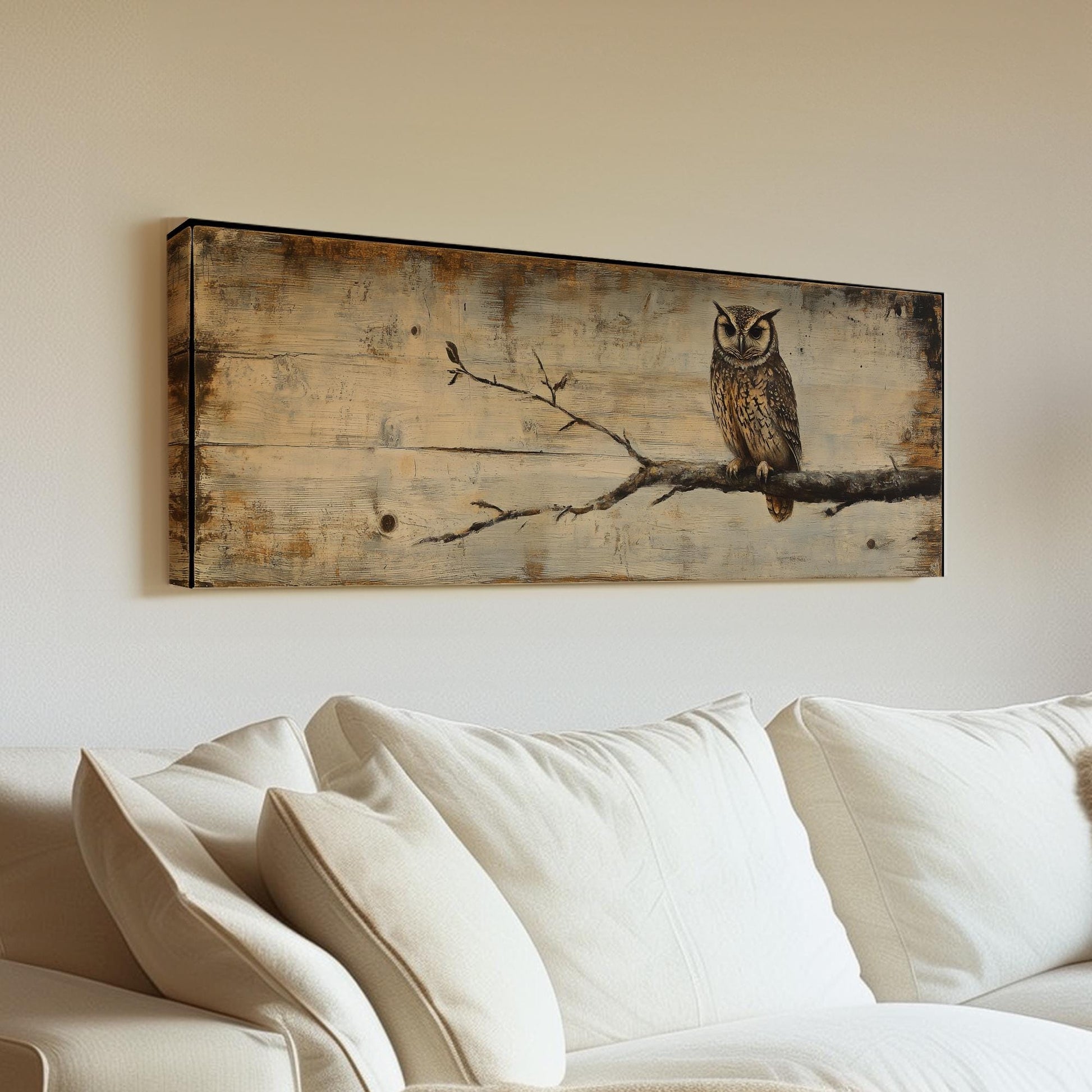 Serene Owl Canvas Art | Impasto Wood Grain Print | Bohemian Wall Art For Living Room | Sandstone Driftwood Art Panoramic Wall Art