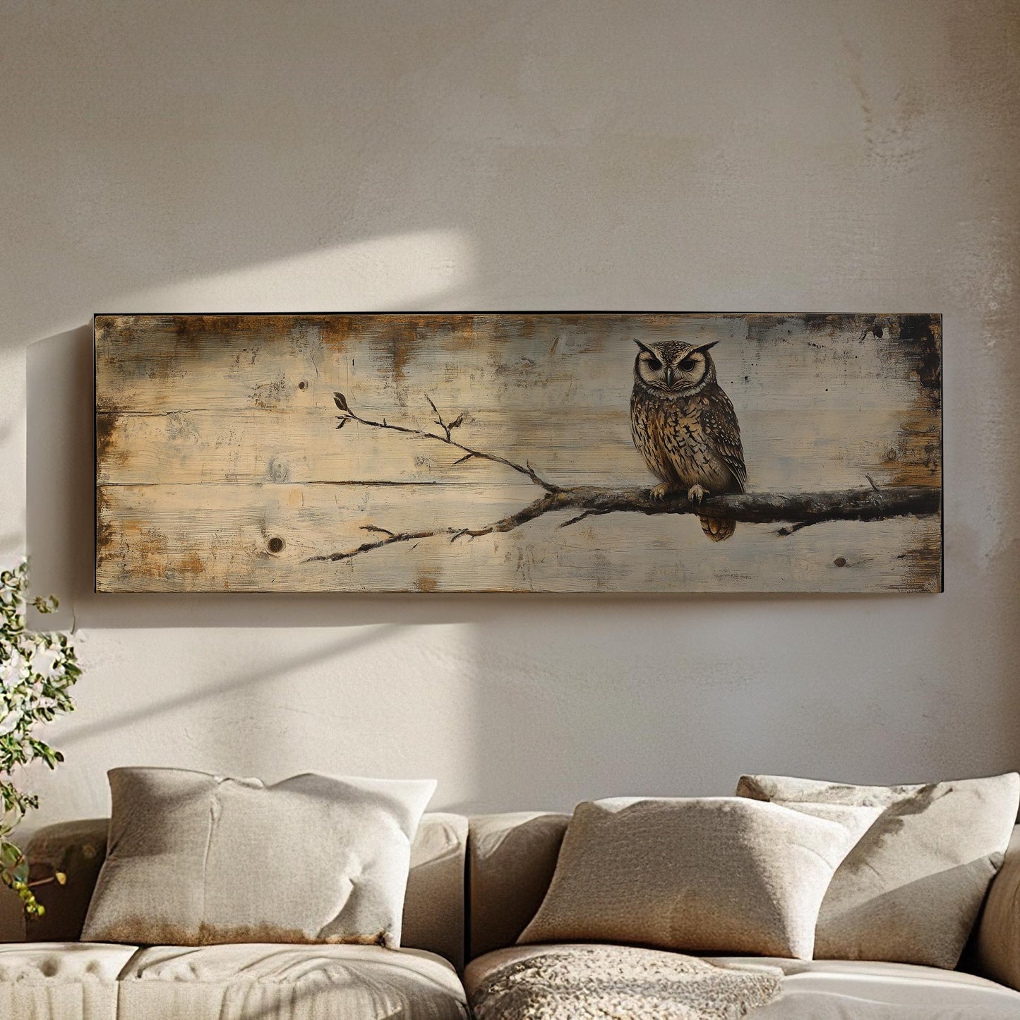 Serene Owl Canvas Art | Impasto Wood Grain Print | Bohemian Wall Art For Living Room | Sandstone Driftwood Art Panoramic Wall Art