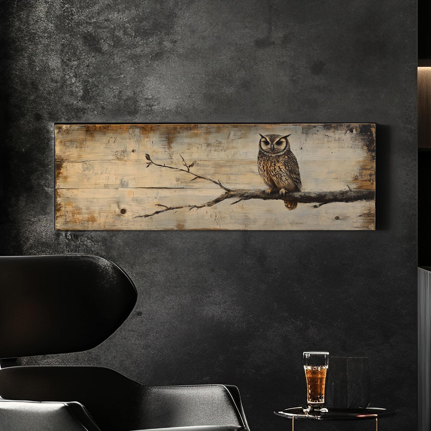 Serene Owl Canvas Art | Impasto Wood Grain Print | Bohemian Wall Art For Living Room | Sandstone Driftwood Art Panoramic Wall Art