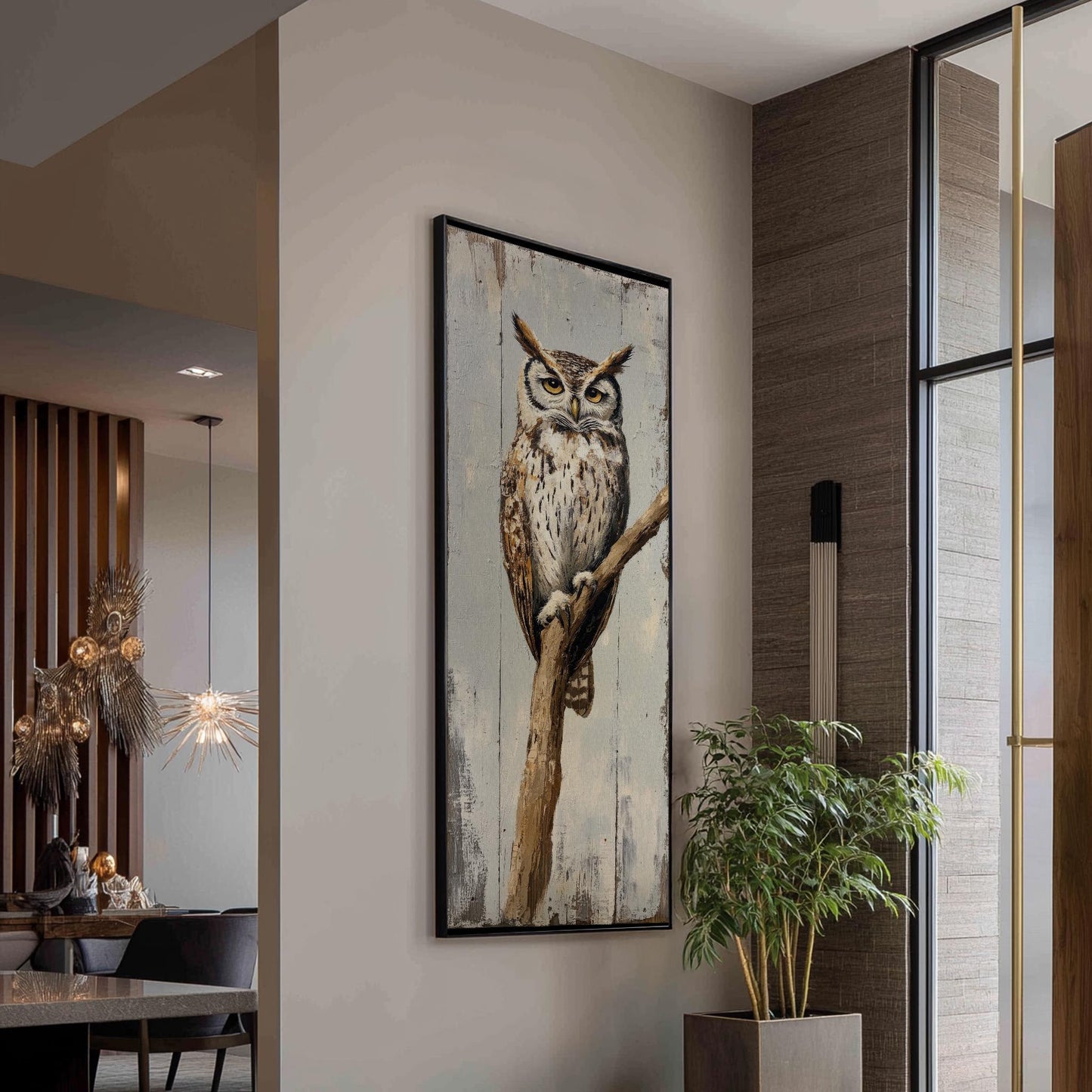 Serene Owl Canvas Art | Impasto Print | Coastal Farmhouse Wall Art For Living Room | Seashell White Art Long Vertical Art