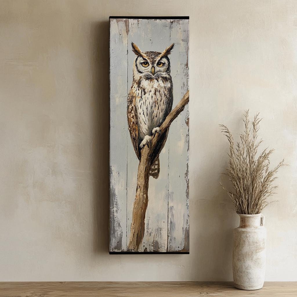 Serene Owl Canvas Art | Impasto Print | Coastal Farmhouse Wall Art For Living Room | Seashell White Art Long Vertical Art
