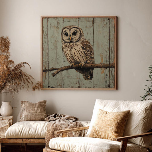 Serene Owl Canvas Art | Impasto Print | Bohemian Wall Art For Living Room | Seafoam Green Art | Eclectic Decor Square Canvas Art