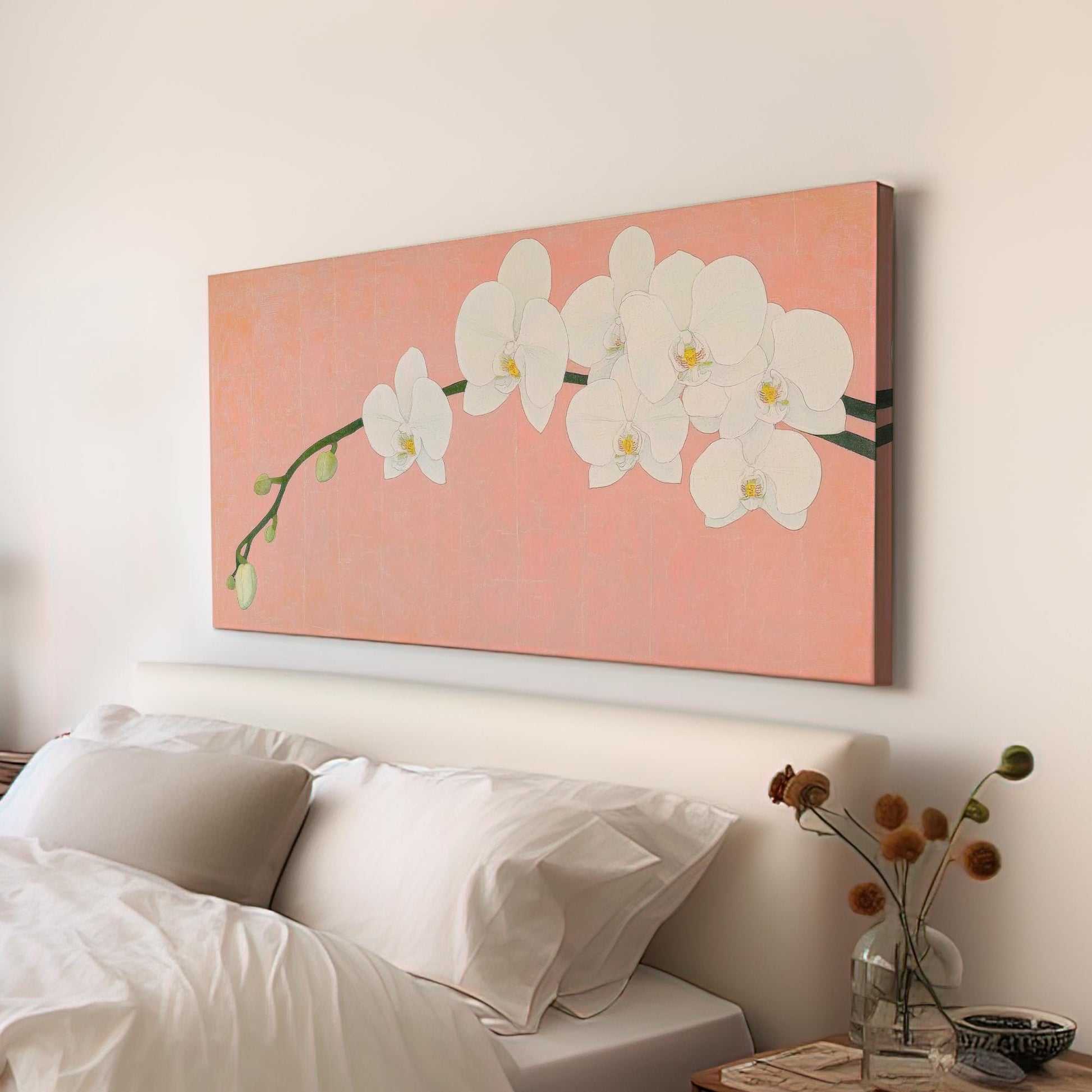 Serene Orchid Branch Canvas Art | Botanical Line Art Print | Japandi Wall Art For Above Couch | Blush Pink Art Horizontal Art