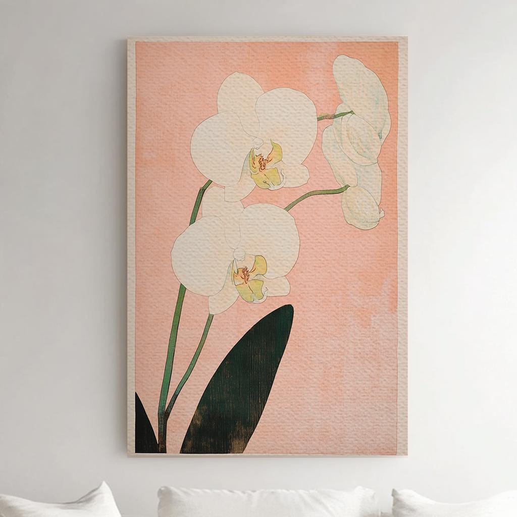 Serene Orchid Botanical Canvas Art | Shin hanga Woodblock Print | Japandi Wall Art For Above Couch Vertical Canvas