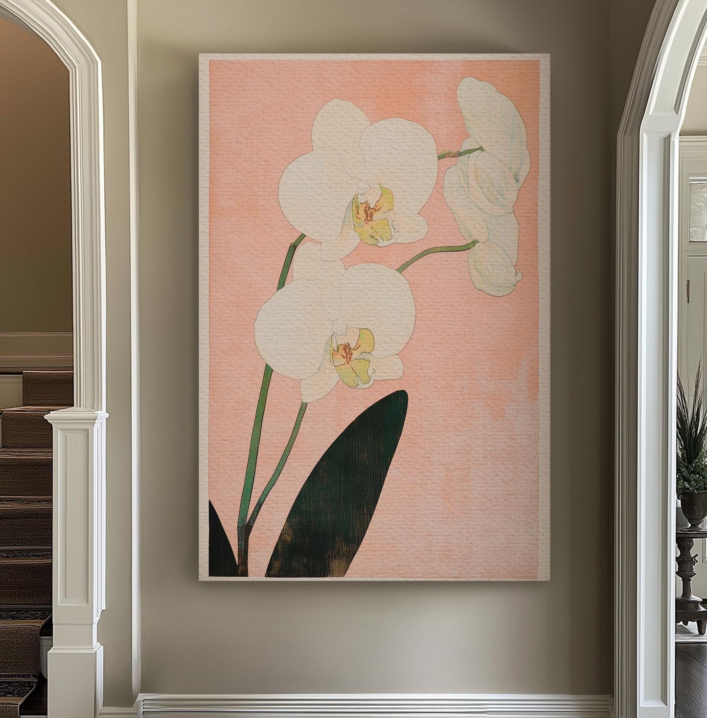 Serene Orchid Botanical Canvas Art | Shin hanga Woodblock Print | Japandi Wall Art For Above Couch Vertical Canvas