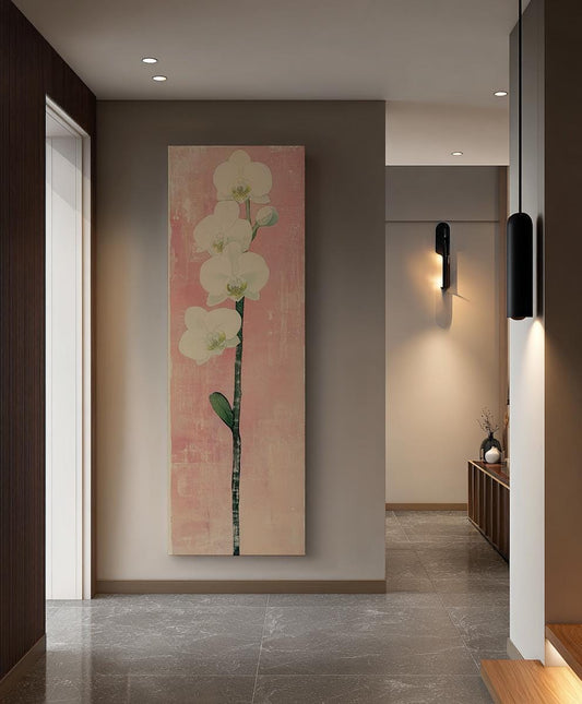 Serene Orchid Botanical Canvas Art | Japanese Woodblock Print | Minimalist Wall Art For Above Bed | Blush Pink Art Long Vertical Art