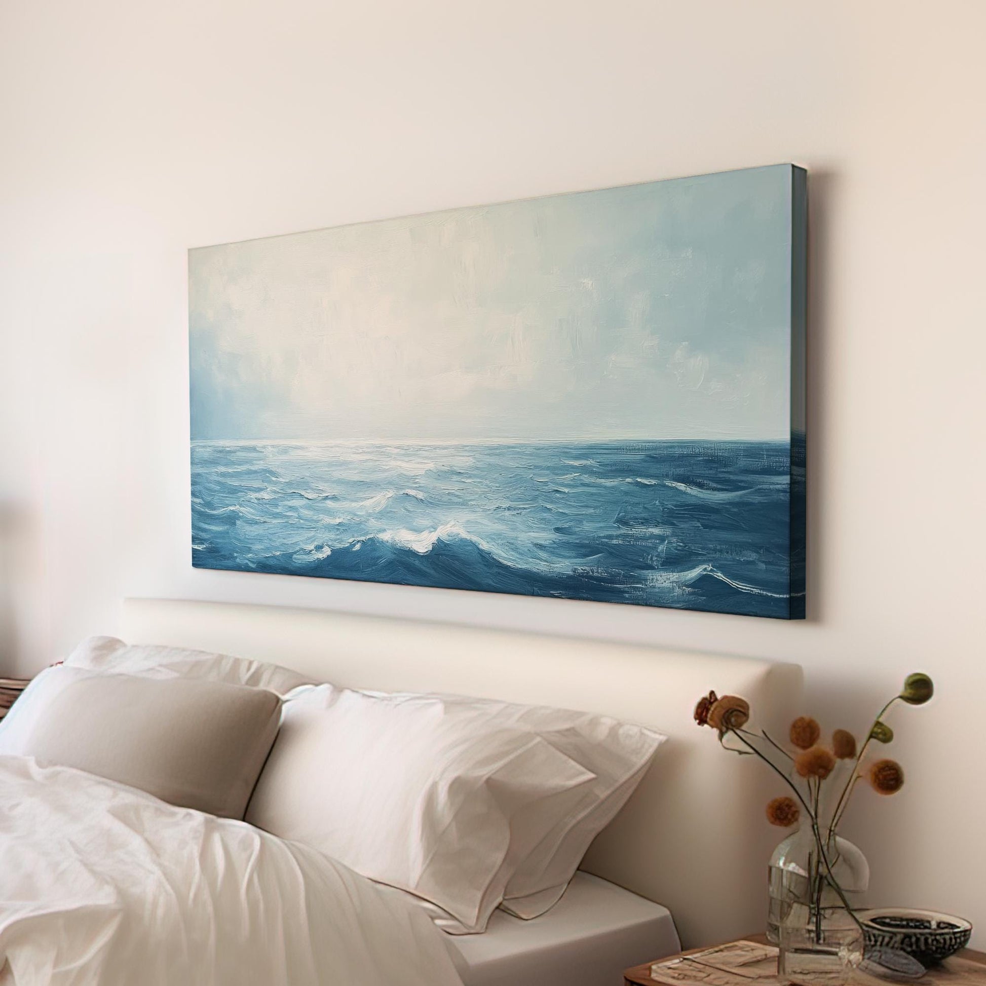 Serene Ocean Waves Canvas Art | Impasto Textural Print | Coastal Bohemian Wall Art For Living Room | Steel Blue Water Art Horizontal Art