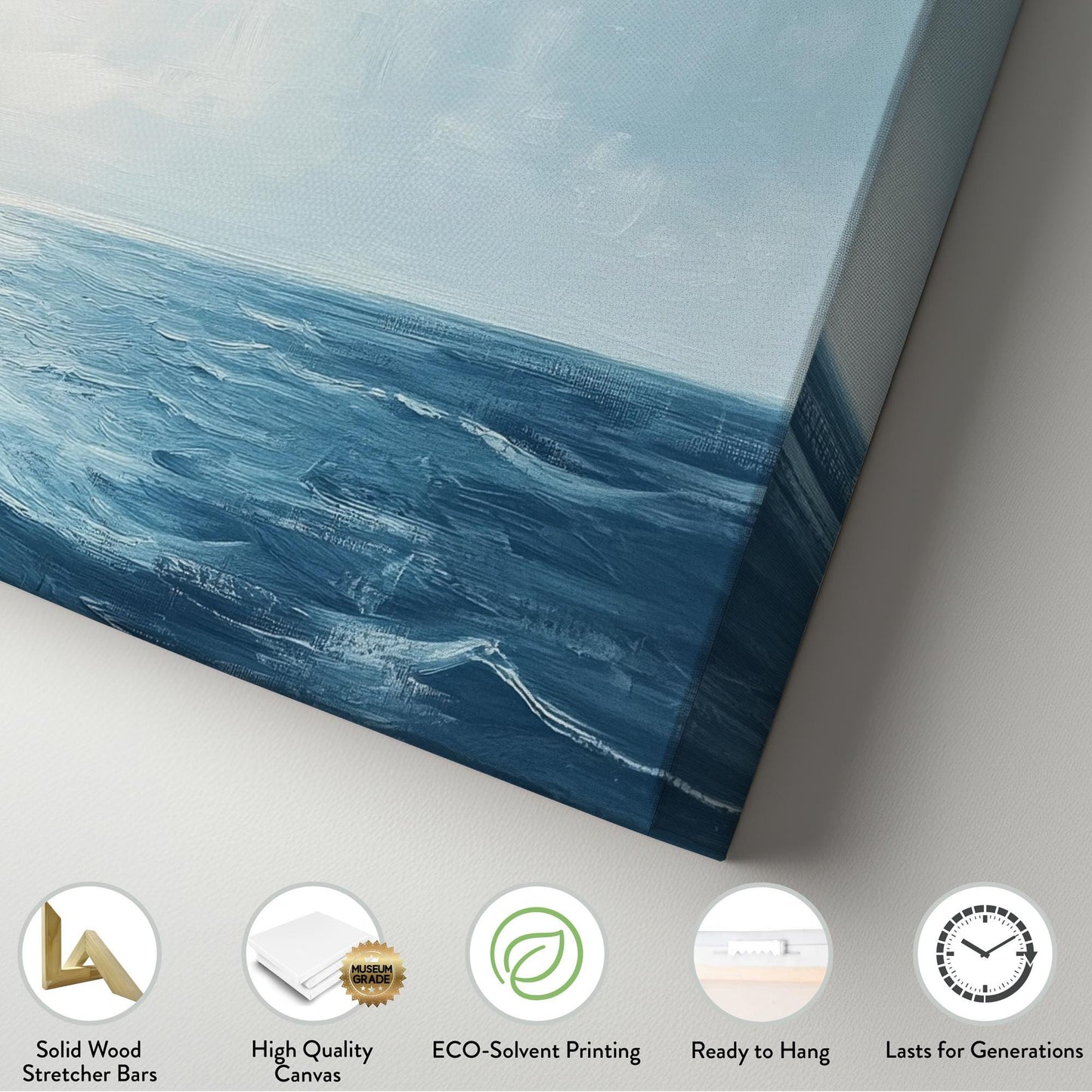 Serene Ocean Waves Canvas Art | Impasto Textural Print | Coastal Bohemian Wall Art For Living Room | Steel Blue Water Art Horizontal Art