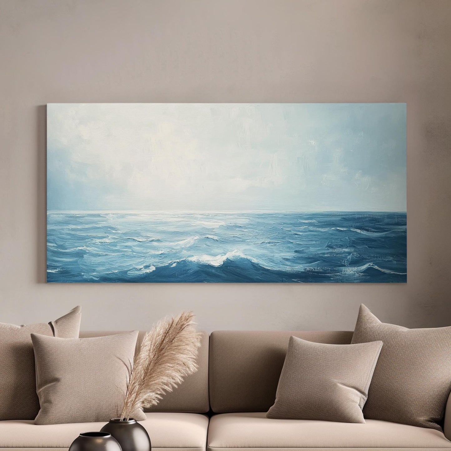 Serene Ocean Waves Canvas Art | Impasto Textural Print | Coastal Bohemian Wall Art For Living Room | Steel Blue Water Art Horizontal Art