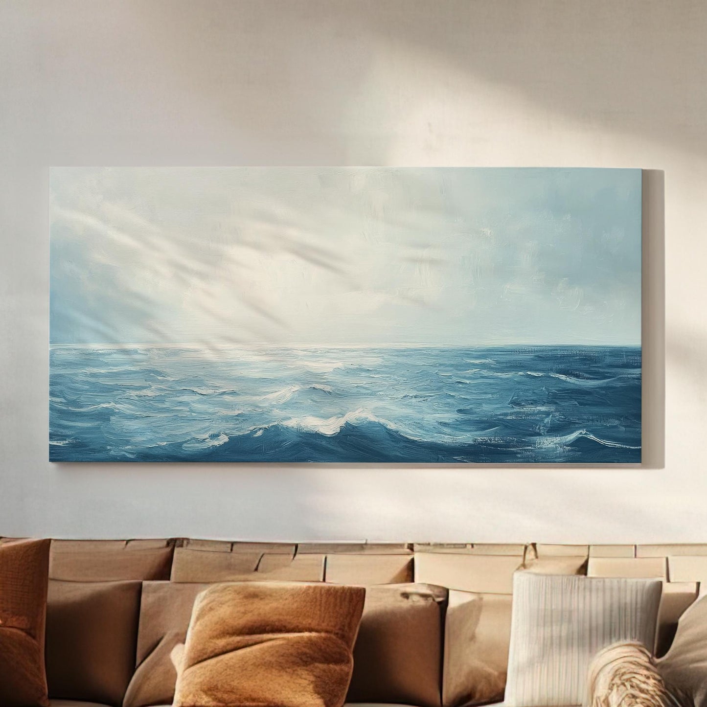 Serene Ocean Waves Canvas Art | Impasto Textural Print | Coastal Bohemian Wall Art For Living Room | Steel Blue Water Art Horizontal Art