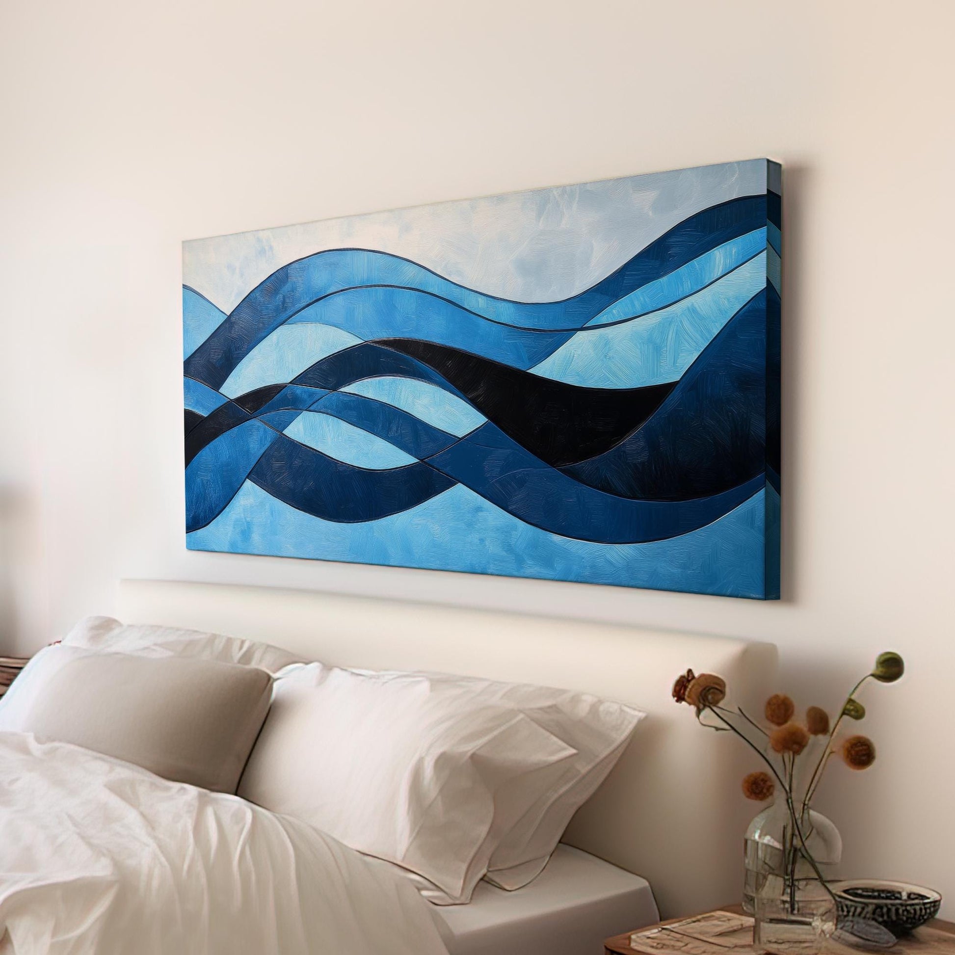 Serene Ocean Waves Canvas Art | Impasto Abstract Print | Coastal Minimalist Wall Art For Living Room Horizontal Art