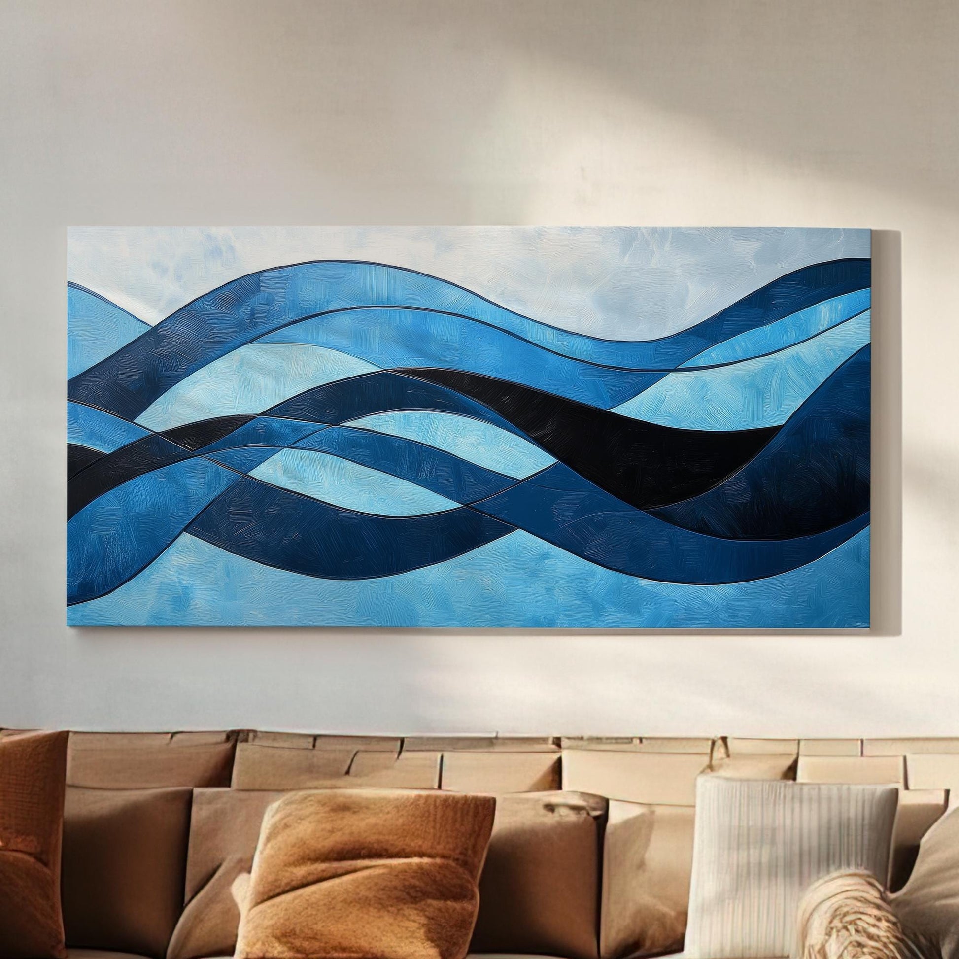 Serene Ocean Waves Canvas Art | Impasto Abstract Print | Coastal Minimalist Wall Art For Living Room Horizontal Art