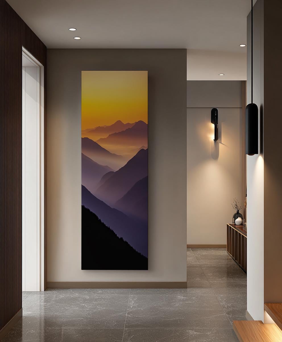 Serene Mountain Range Canvas Art | Layered Impressionism Print | Minimalist Wall Art For Living Room Long Vertical Art