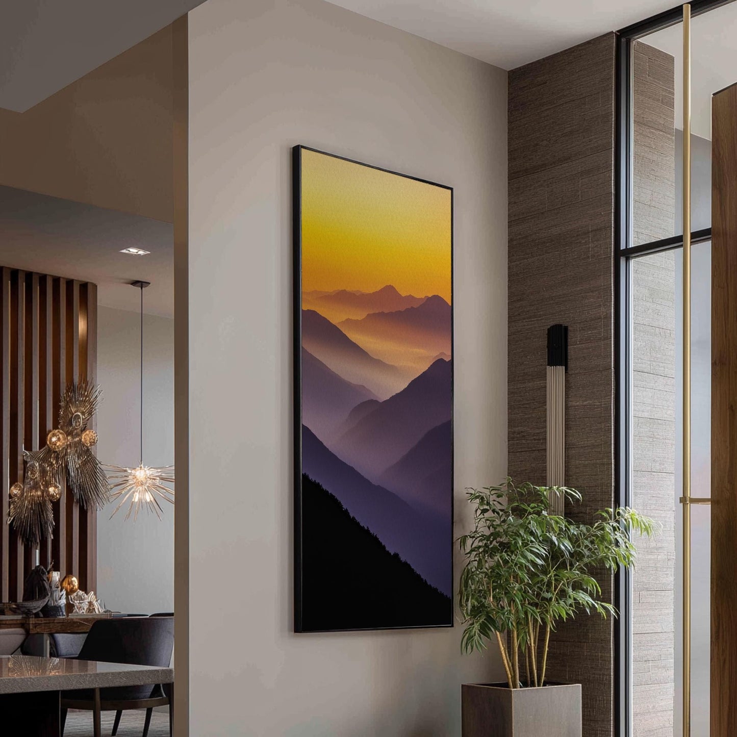 Serene Mountain Range Canvas Art | Layered Impressionism Print | Minimalist Wall Art For Living Room Long Vertical Art