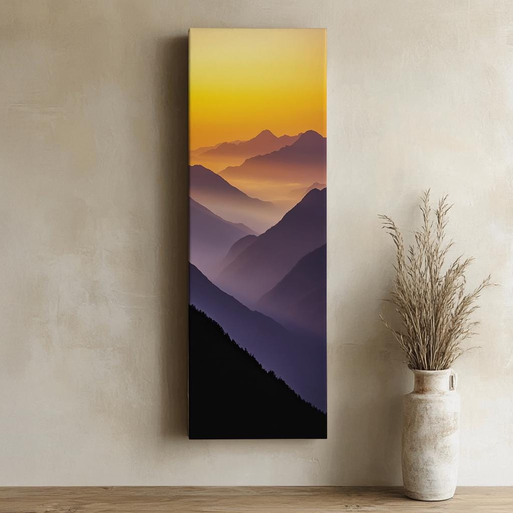 Serene Mountain Range Canvas Art | Layered Impressionism Print | Minimalist Wall Art For Living Room Long Vertical Art