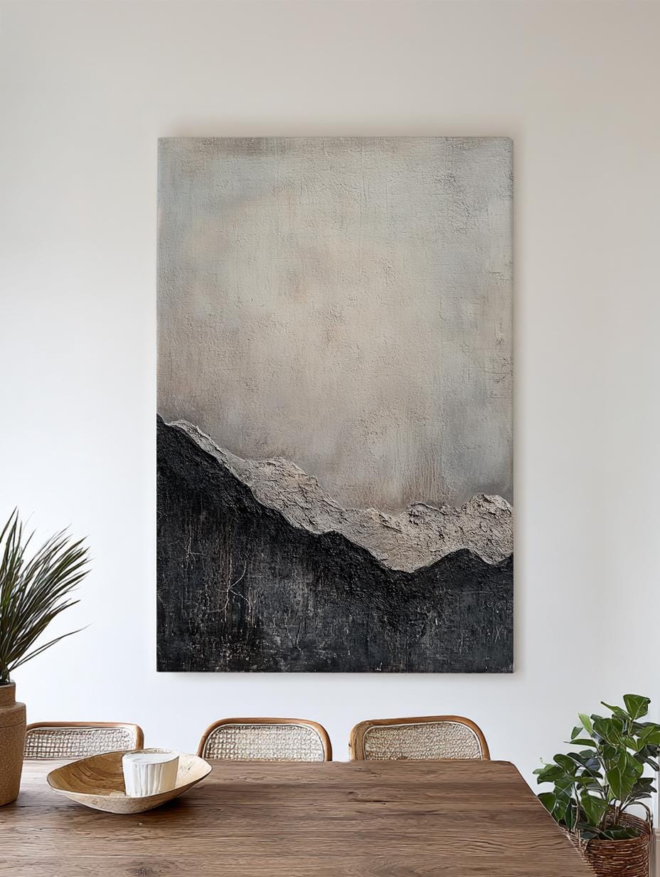 Serene Mountain Range Canvas Art | Impasto Texture Print | Jungalow Wall Art For Living Room | Silver Cloud Art Vertical Canvas