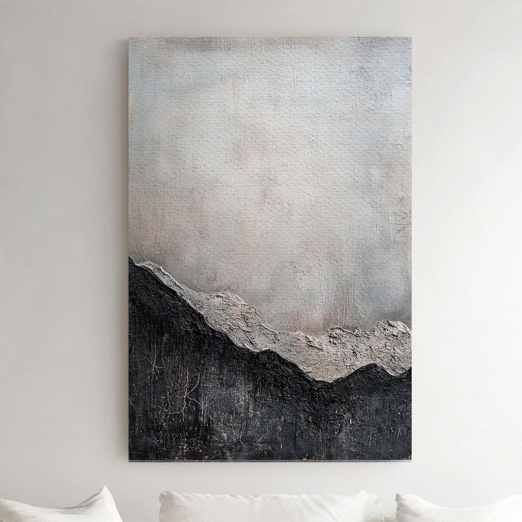 Serene Mountain Range Canvas Art | Impasto Texture Print | Jungalow Wall Art For Living Room | Silver Cloud Art Vertical Canvas