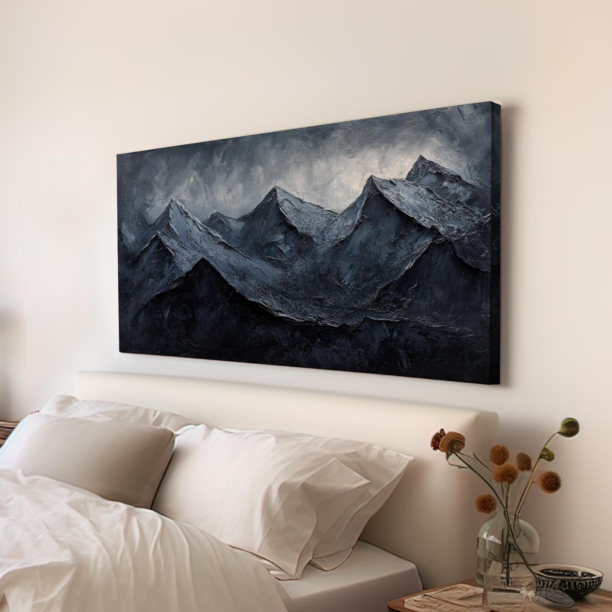 Serene Mountain Range Canvas Art | Impasto Print | Juxtaposition Wall Art For Living Room | Charcoal Gray Art Horizontal Art