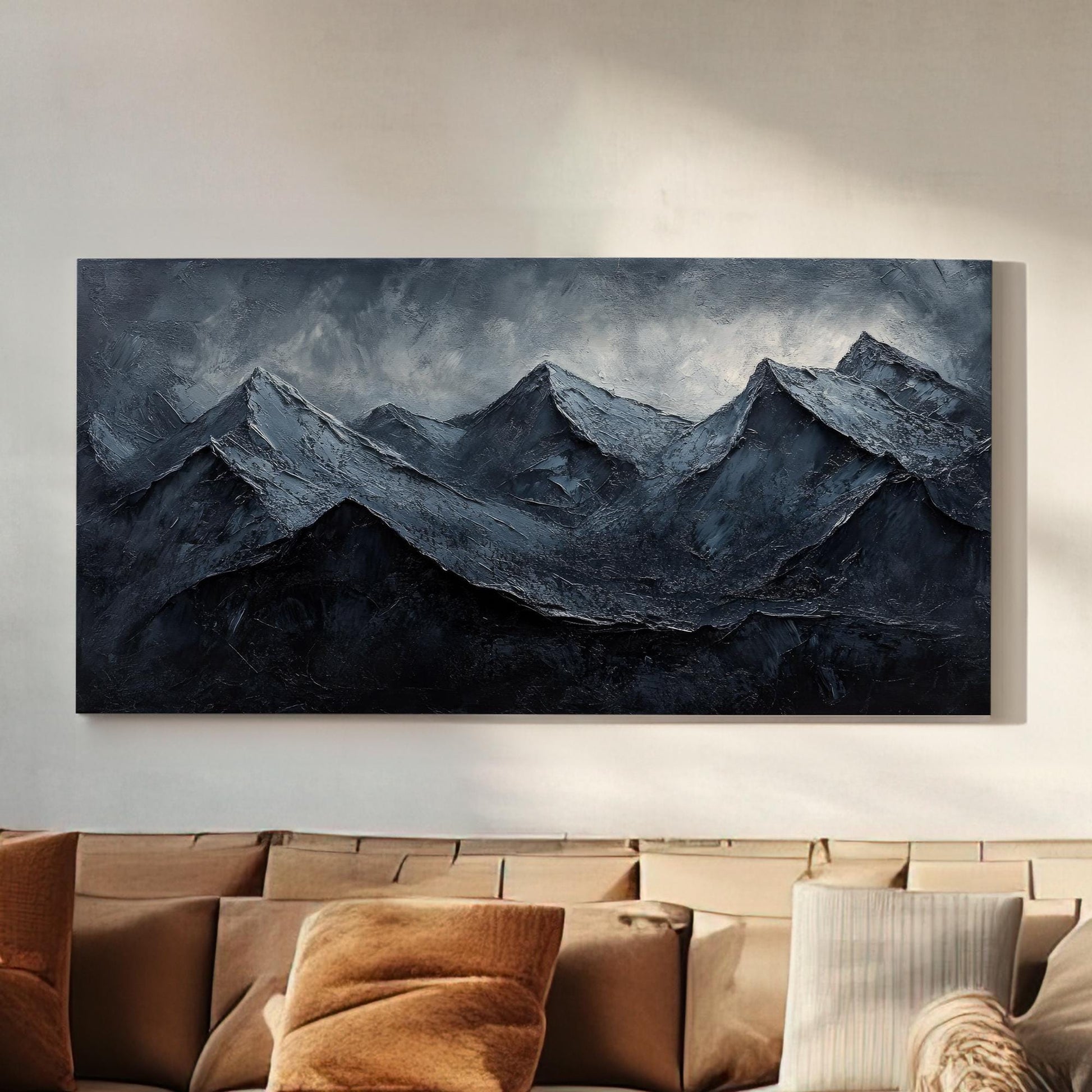 Serene Mountain Range Canvas Art | Impasto Print | Juxtaposition Wall Art For Living Room | Charcoal Gray Art Horizontal Art