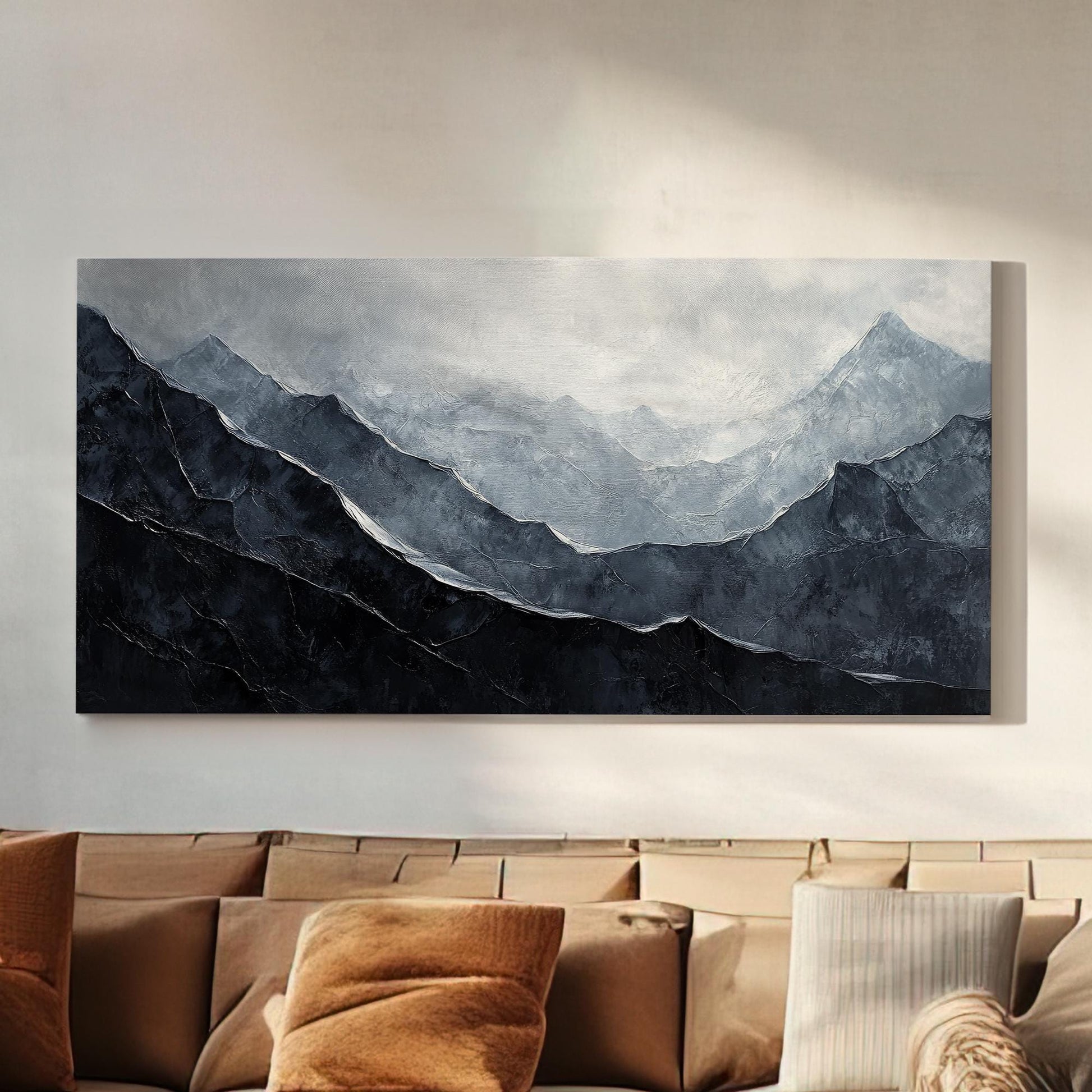 Serene Mountain Range Canvas Art | Impasto Palette Knife Print | Tranquil Modern Wall Art For Living Room | Stormy Grey Art Horizontal Art